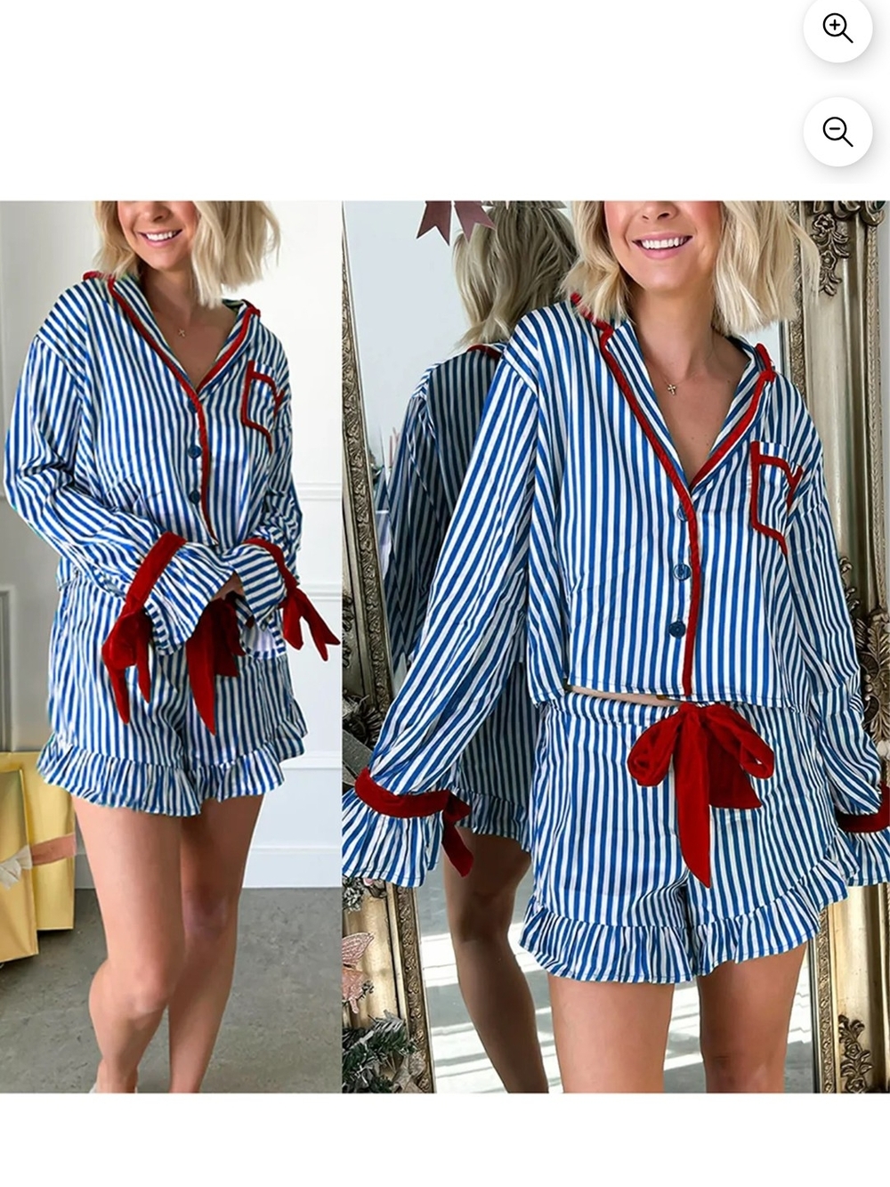 Pajama Shorts/Blouse Set Striped Blue & White with Red Velvet Trim Sz L